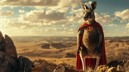 A heroic kangaroo in a superhero costume, with a cape and emblem on its chest, standing tall in the outback ready to protect its kin
