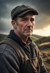 Obraz premium A man in overalls and a flat cap stands in the grassy steppe under a cloudy sky