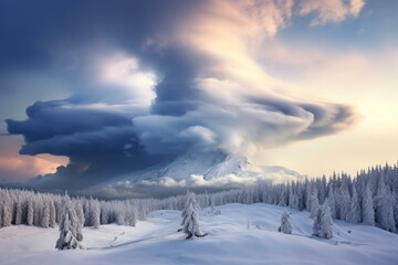 Obraz premium Majestic cloud formation above a snow-covered forest under the warm glow of dawn