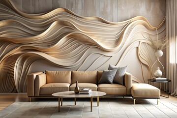 Flowing gold backdrop, modern taupe sofa, sculptural table, cozy decor