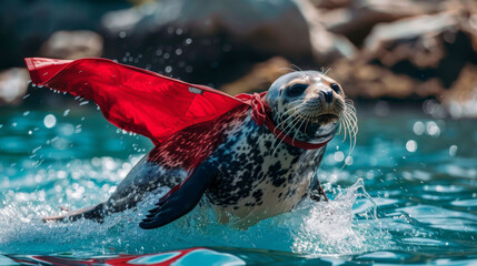 Fototapeta premium A heroic seal in superhero attire, with a cape and mask, performing acrobatics in the water ready to save marine creatures