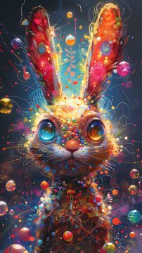 Doodle art, A whimsical scene of an LGBTQ+ bunny character in a world filled with vibrant electricity, highlighting the energy of self-expression, Hyperrealism