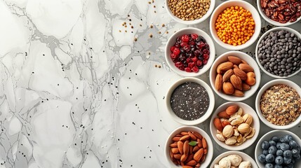Close-Up of Assorted Healthy Organic Superfoods on White Background Showcasing Nutrient-Rich Variety and Vibrant Colors for Health-Conscious Diets