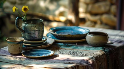 Fototapeta premium handmade ceramic plates and cups on the shelf generative ai