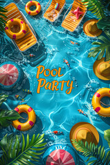 Fototapeta premium Vibrant Summer Pool Party with Colorful Inflatable Rings, Straw Hats, and Orange Slices in Sparkling Blue Water