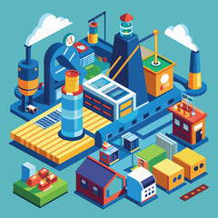 Isometric illustration depicting a futuristic and modern industrial complex with automated production facilities, A clean and modern interpretation of a production facility's functions
