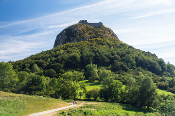 The Cathar castle of Montségur at the top of a hill on a rock