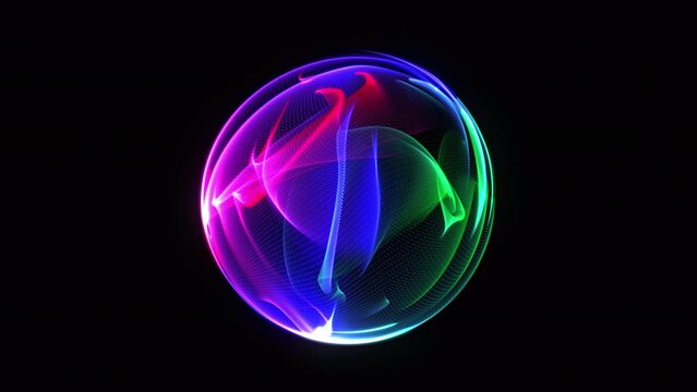 Abstract futuristic vibrant 3d sphere seamless motion. Multicolored 3d sphere glowing and rotating on black. AI virtual assistant concept. Technology, science, artificial intelligence background. 4k