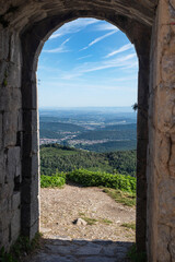 Fototapeta premium Landscape and village in Ariège in the Pyrenees in France, view of Montségur castle in Cathar country 