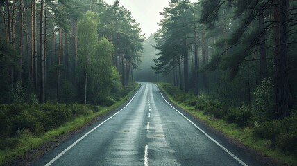 Neatly flexible asphalt road through minimalist landscape on the left and right side of the pine forest