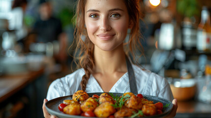 Close-up of a waitress carrying a dish. Selective focus.