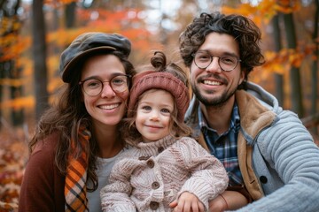a family posing for a photo in the fall