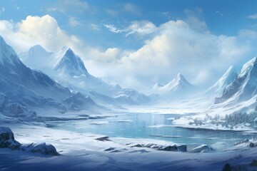 Peaceful digital painting of snow-covered mountains and a crystal-clear icy lake