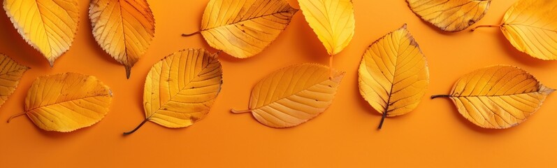 Obraz premium Autumn Leaves Pattern on Orange Background Fall Seasonal Design for Decorations, Cards, Posters