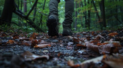 Obraz premium Feet Covered by Footwear on a Path through Woods