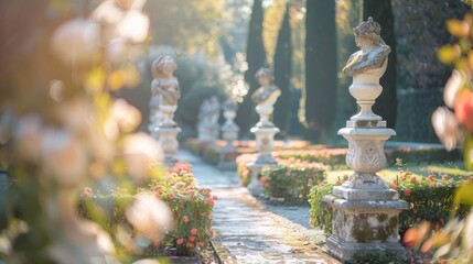A mesmerizing view of a Renaissance garden with blurred marble sculptures and indistinguishable flower beds creating a dreamy otherworldly atmosphere. .