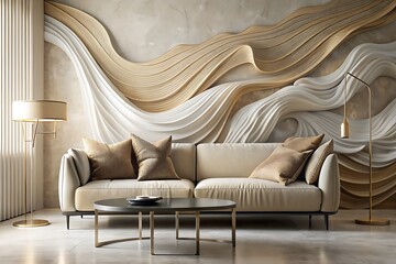 Flowing gold piece, taupe sofa, sculptural table, cozy decor