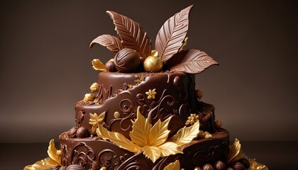 Elegant Chocolate Cake Decorated with Gold Flakes and Chocolate Flowers
