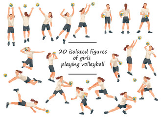 20 women's volleyball team players in white T-shirts in various poses training, running, jumping, throwing, hitting the ball