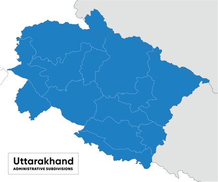Indian state uttarakhand, Dev bhoomi in North India Blue and white stroke outline for Districts, kumaoni, Garhwal with Political  administrative subdivisions simple flat geographic map editable vector