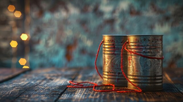 Retro communication concept with two tin cans connected by red string