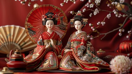 Fototapeta premium Elegant Hinamatsuri festival dolls on a red backdrop with gold accents