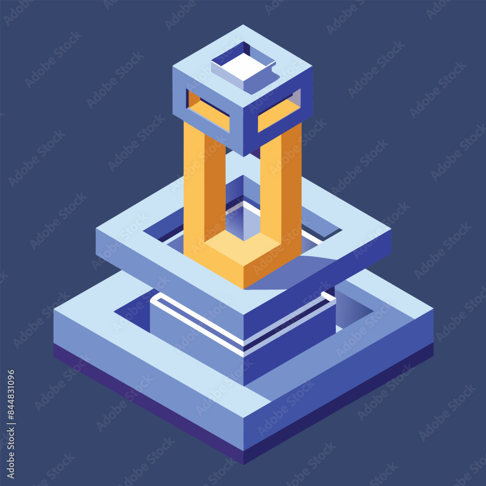 Poster minimalist digital art featuring an abstract structure composed of blue and yellow cubes, create a m