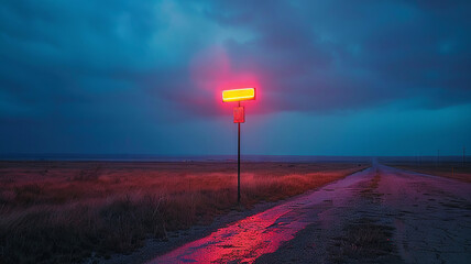 Fototapeta premium Dark stormy sky and vivid cautionary road sign at dusk
