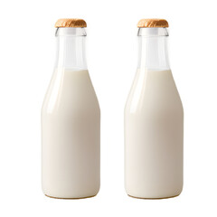 A clear, glass milk bottle filled with fresh milk