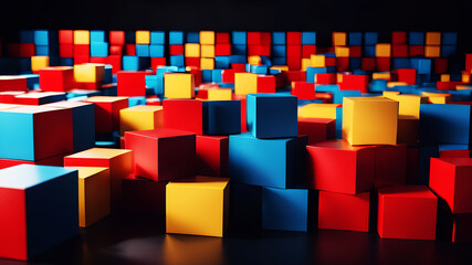 Obraz premium An abstract background with randomly placed boxes in bold primary colors, each box casting a soft shadow, creating a playful and dynamic effect