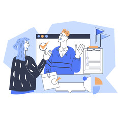 Online conference and remote communication of a business team. Colleagues discussing business issues. Networking in team concept, flat vector illustration isolated on white background.