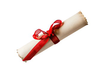 Close-up of a rolled parchment tied with a red ribbon, symbolizing a diploma, certificate, or important document.