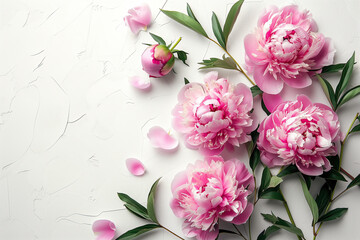 Fototapeta premium Bouquet of pink peonies on a white background with free space for text. Design for invitations, flyers for holiday, wedding, mother's day, birthday. Flower shop concept, gardening.