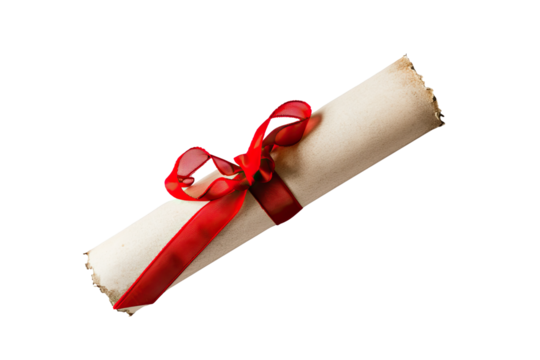 Close-up of a rolled parchment tied with a red ribbon, symbolizing a diploma, certificate, or important document.