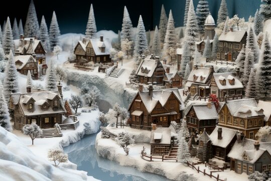 Creating a charming winter village miniature wonderland scene with snowy model houses, trees, and detailed craftsmanship - a festive christmas landscape diorama hobbyist's artistic display