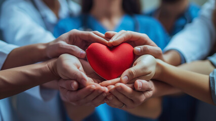 A medical team of doctors and nurses hands holding heart symbolize love and care, reflecting the teamwork and dedication of healthcare professionals in improving patient well-being.