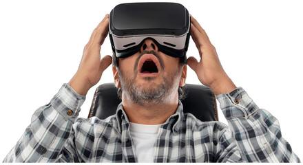 Fototapeta premium man wearing a virtual reality headset and holding his hands up