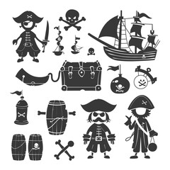 Pirate Silhouettes: Cartoon Treasure, Ship, Captains, Skull & Crossbones Icons, Swashbuckling Vector Set.
