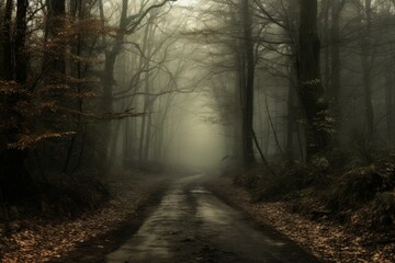 Ethereal scene of a fog-filled forest with a path winding through the eerie morning light