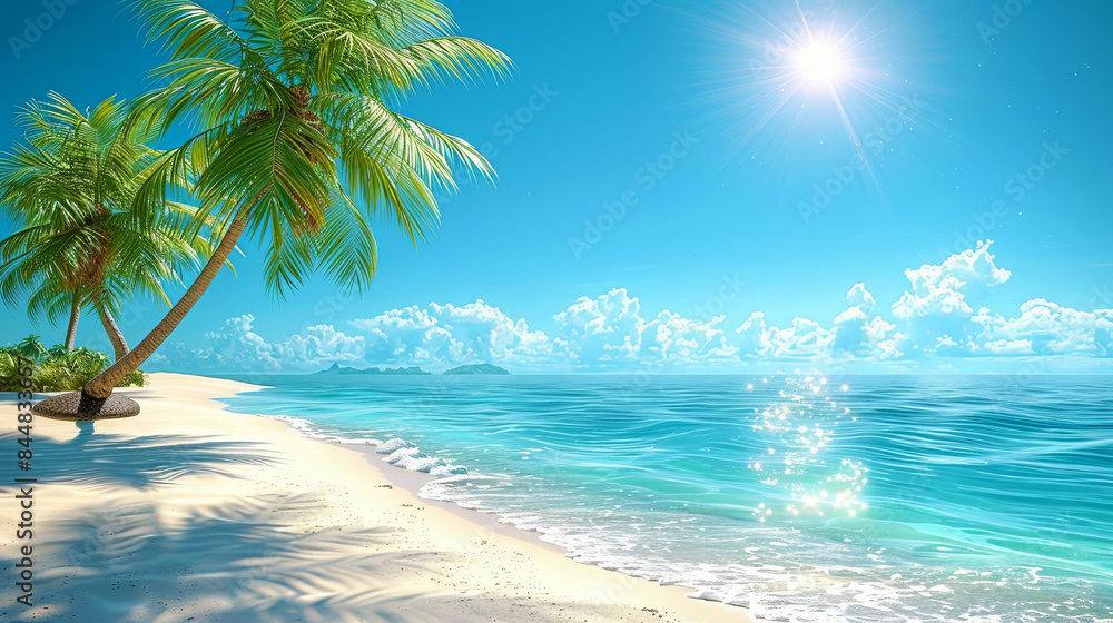 Sticker a beautiful beach scene with palm trees and a clear blue ocean - Stickers