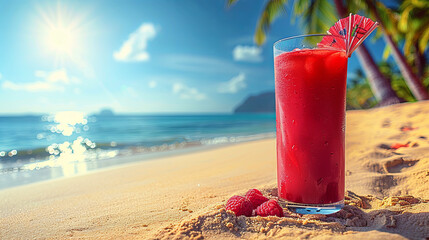 Obraz premium Red Drink With Raspberries on a Tropical Beach at Sunset