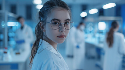 A young female scientist wearing glasses looks at the camera in a laboratory. She is wearing a white lab coat and there are shelves of chemicals and equipment in the background.