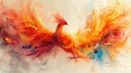 Obraz premium Majestic Phoenix Reborn: A Fantasy Watercolor Illustration of the Mythical Bird Emerging from Vibrant Flames