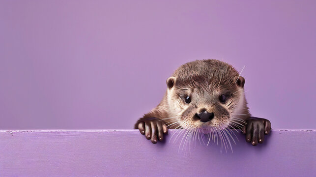 Curious baby otter peeking out from solid purple background