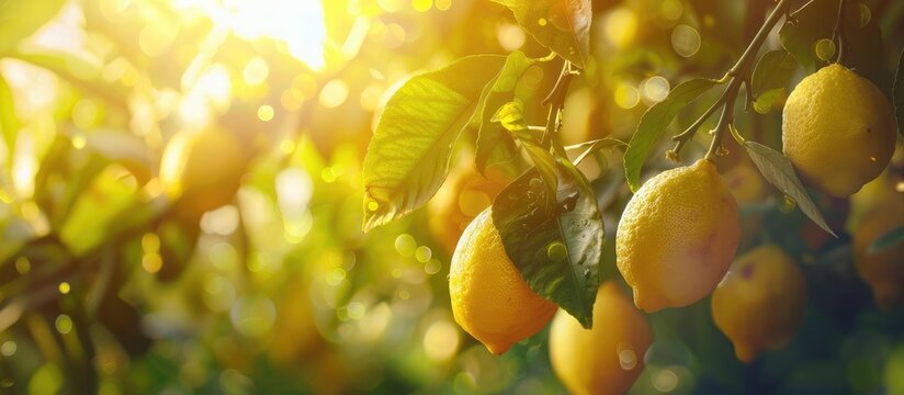 Fresh yellow lemons hanging from lemon tree branches in a sunny Italian garden