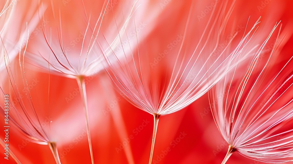 Poster a red background having a macro view of dandelion seed