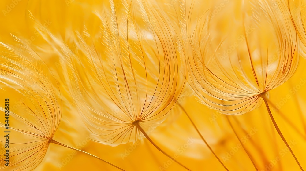 Poster a yellow background having a macro view of dandelion seed