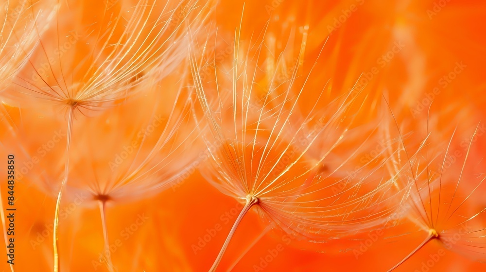 Poster an orange background having a macro view of dandelion seed