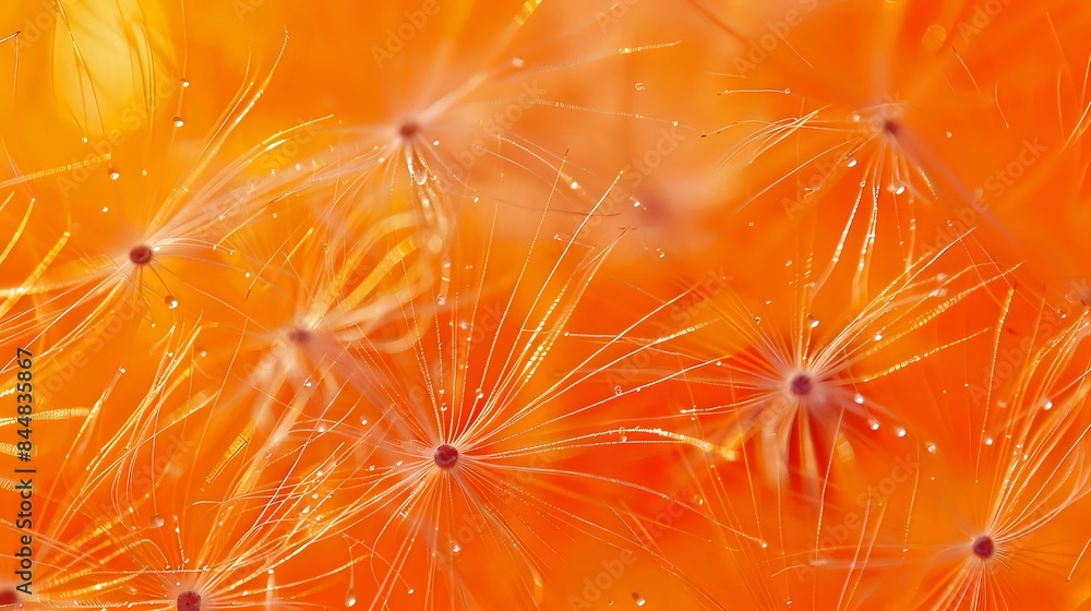Poster an orange background having a macro view of dandelion seed