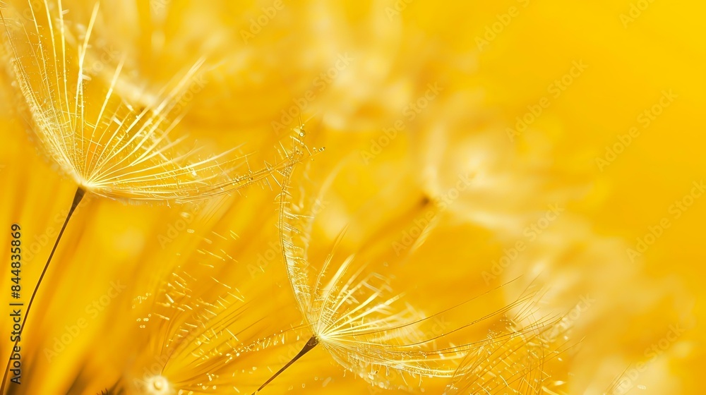Poster a yellow background having a macro view of dandelion seed